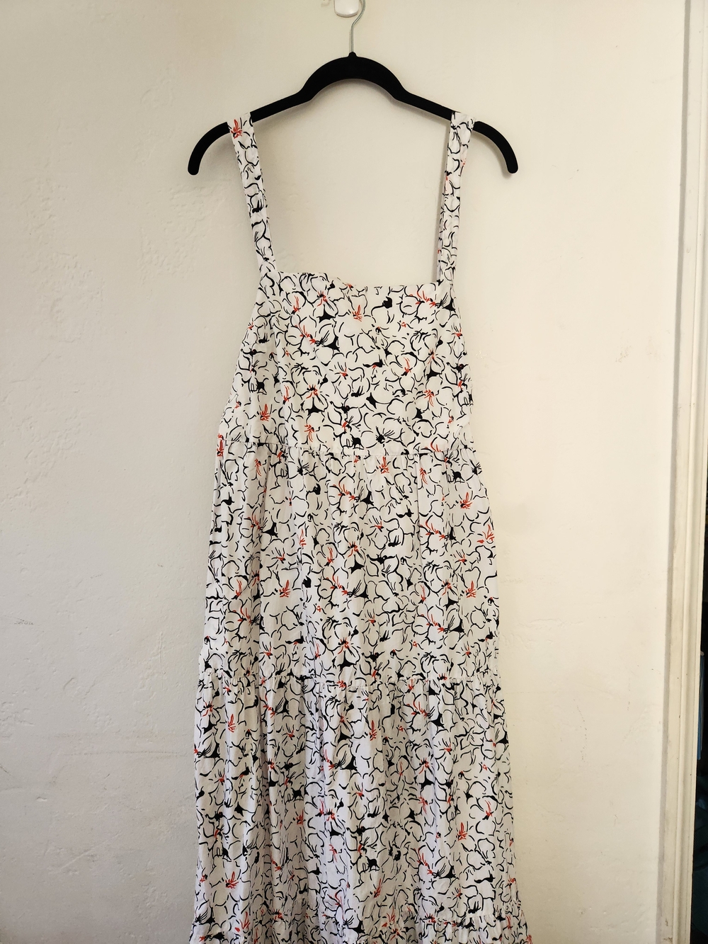Zara White Maxi Dress with Black Floral Print and Coral Accents